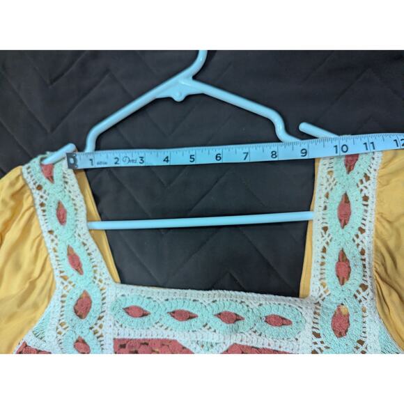 Peasant style slashed sleeves empire-waisted mustard dress w/crochet detailing S - Picture 11 of 13